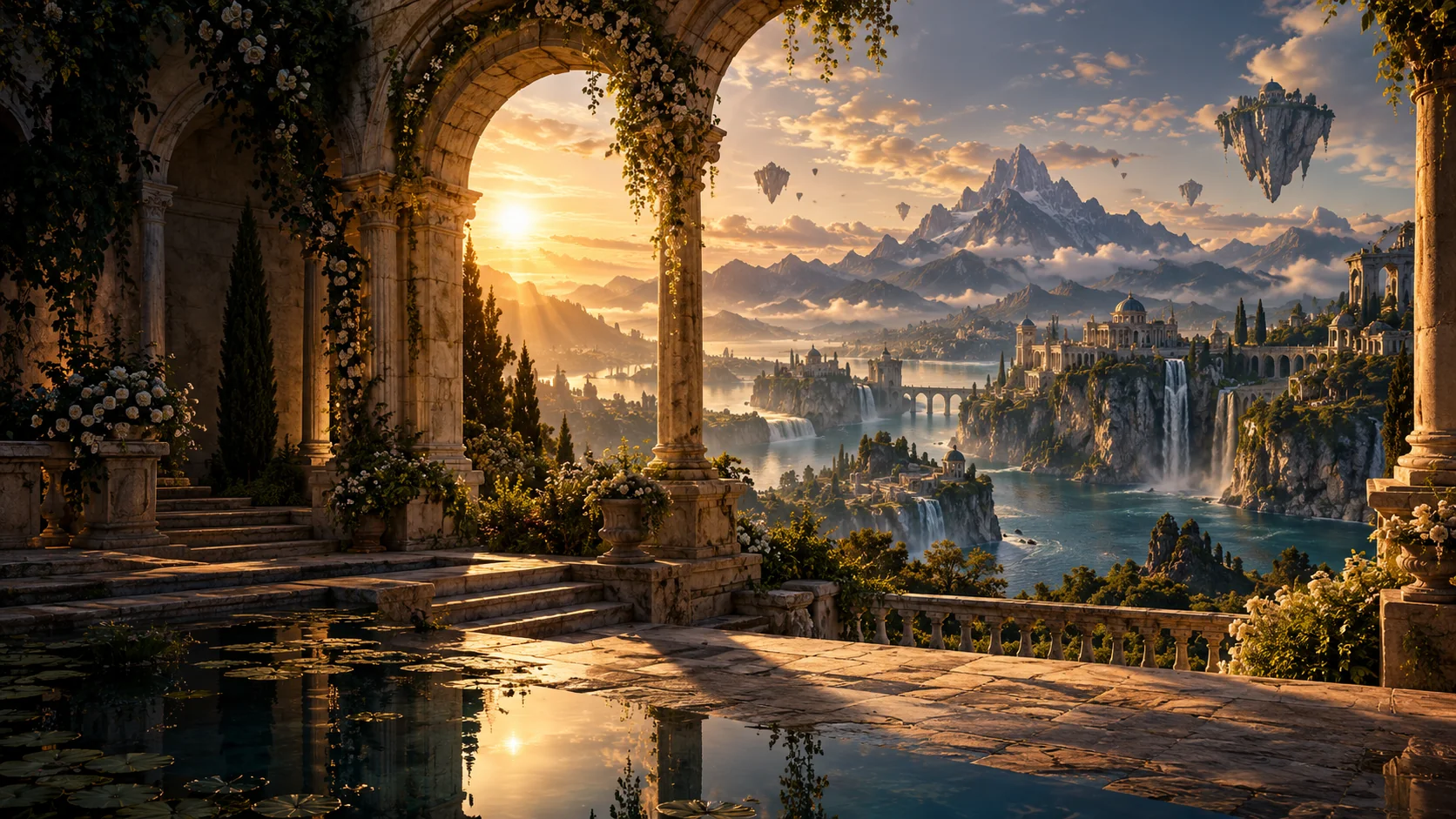Stone arch overlooking a golden lake and imaginary mountain city