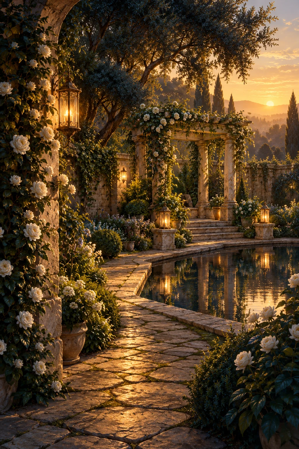 A lantern-lit garden beside a quiet reflecting pool