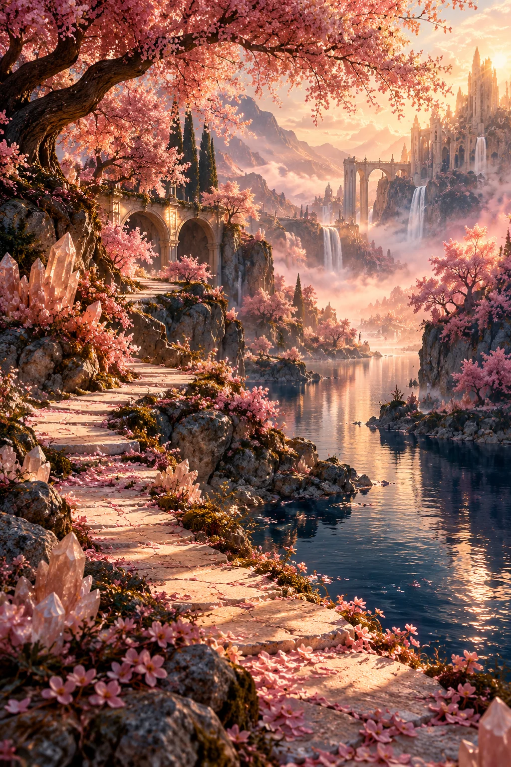 Pink blossom gardens and waterfalls in an imagined valley