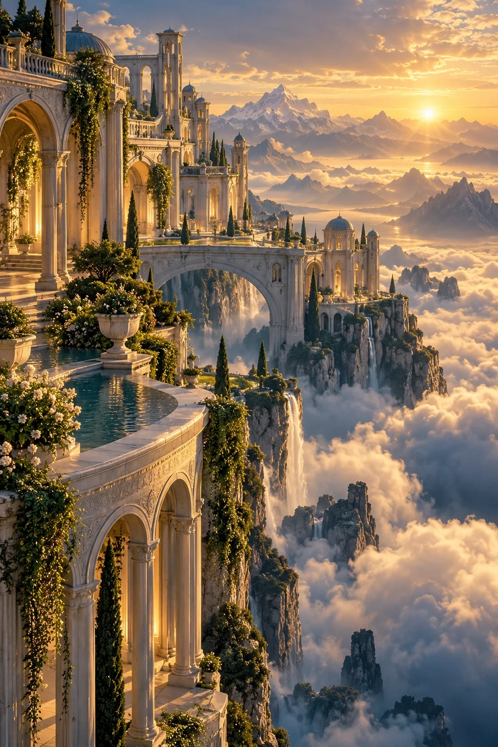 Golden towers and bridges high above the clouds