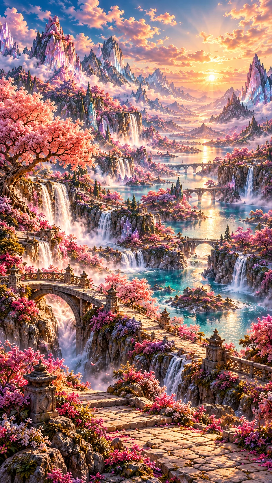 A pink fantasy landscape with bridges, mountains and waterfalls
