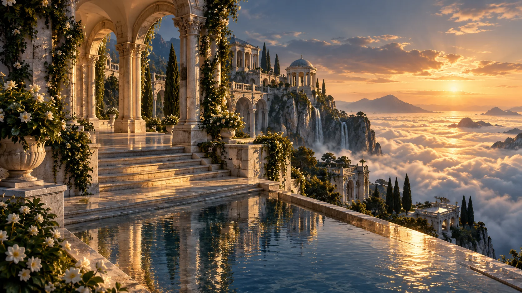 Sunlit palace terraces overlooking a sea of clouds