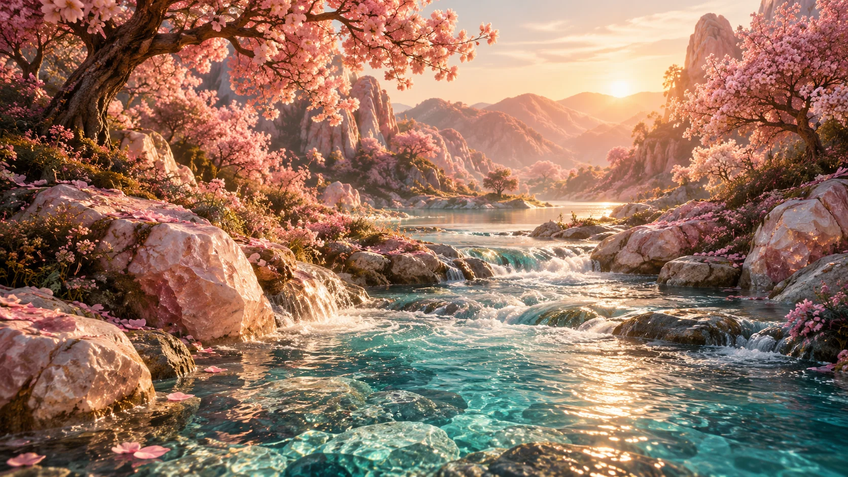 Pink blossoms beside turquoise water in a fantasy landscape