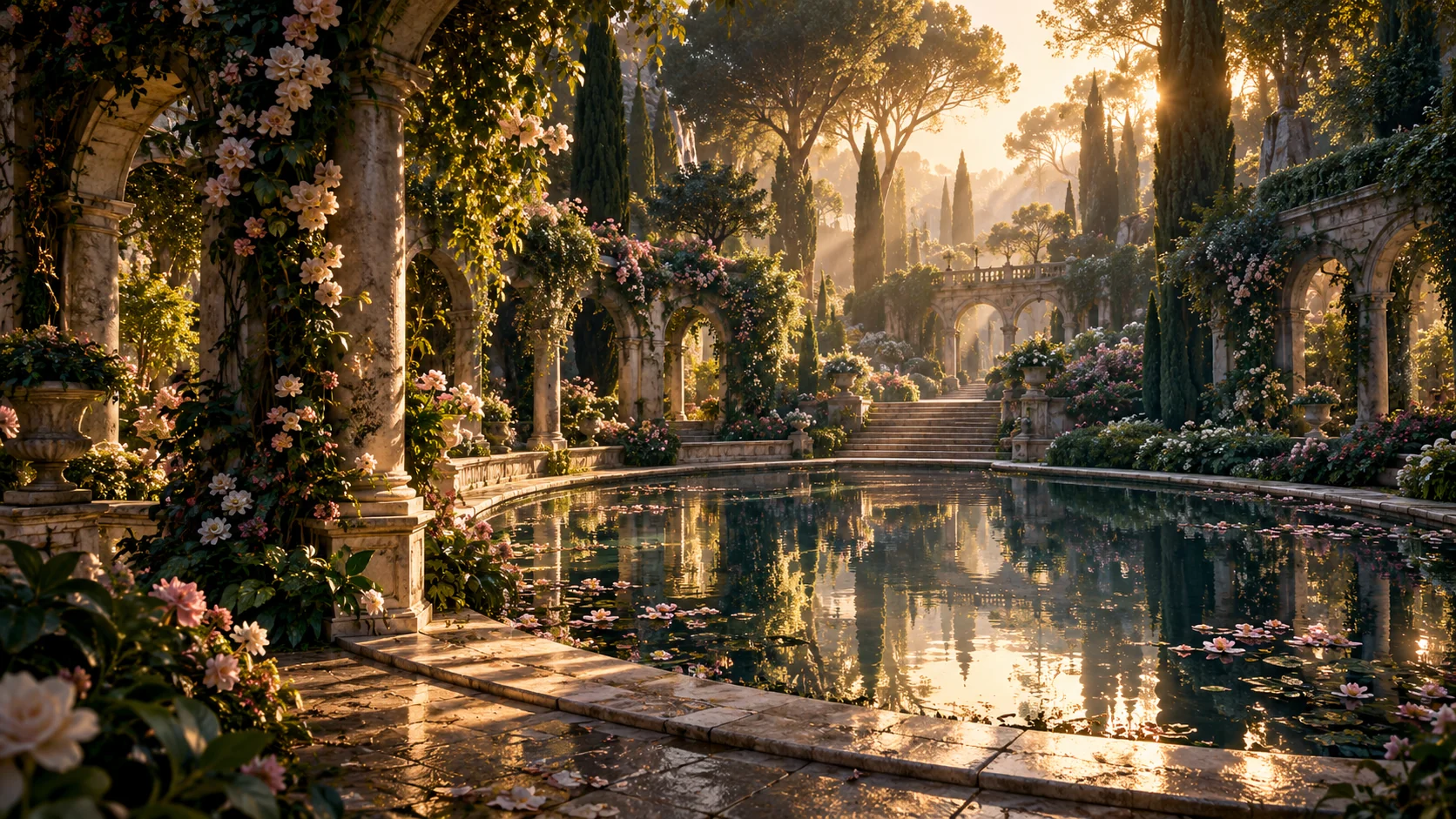 Flowering arches and a reflecting pool in an enchanted garden