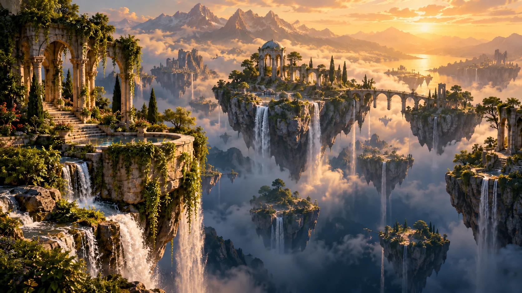 Floating green islands with cascading waterfalls