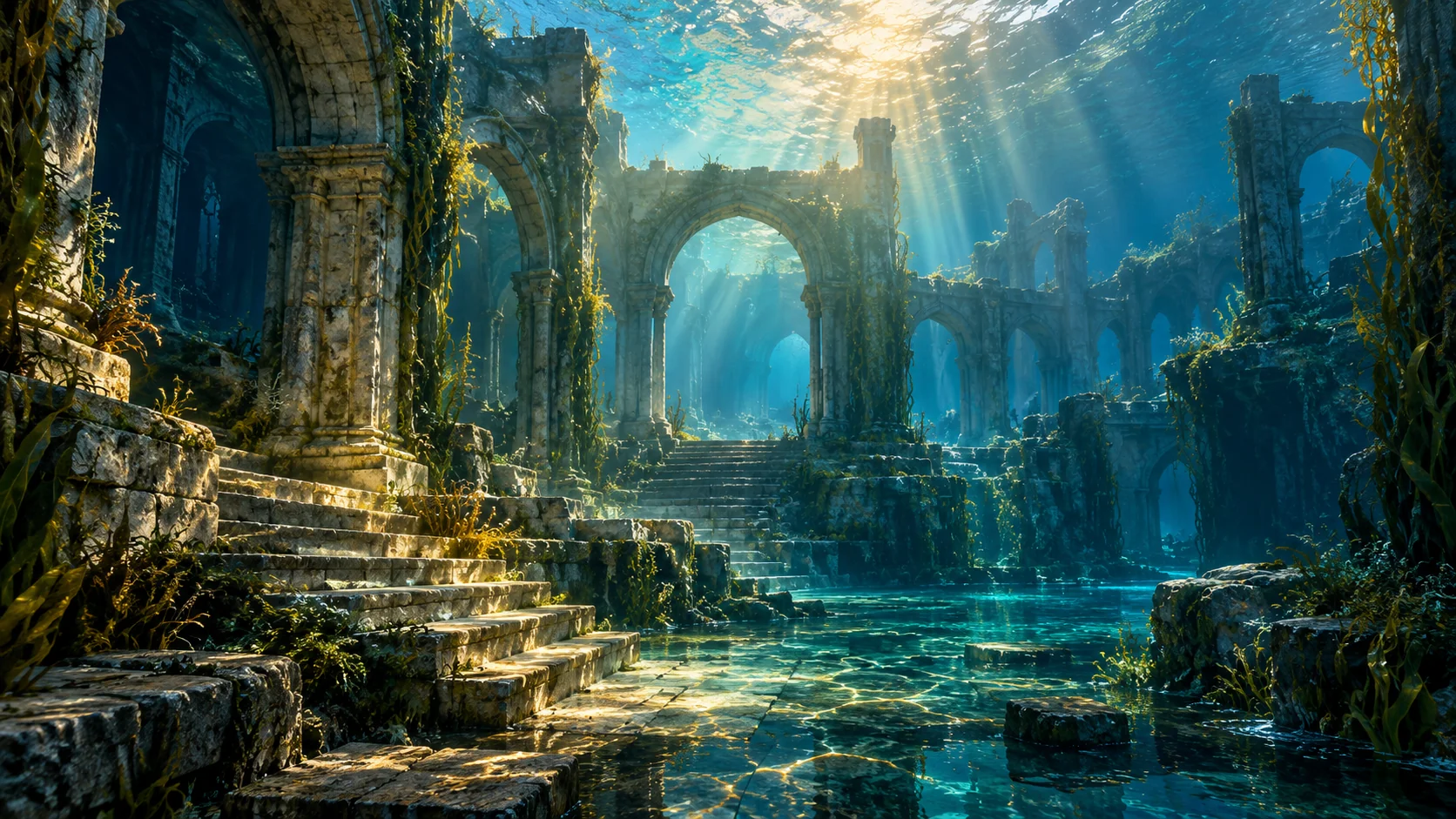 Submerged stone arches lit by sunlight from the ocean surface