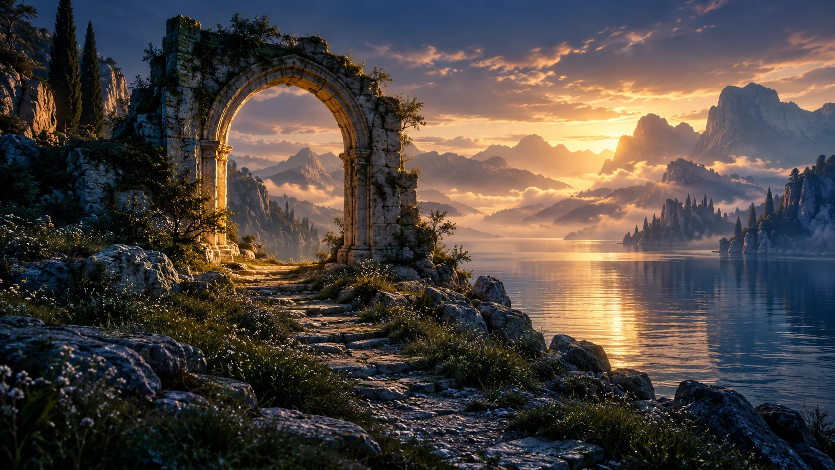 An ancient stone arch framing a dreamlike lake