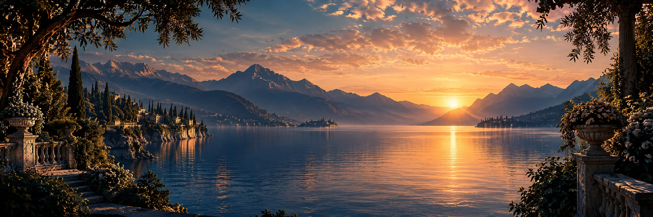 A peaceful golden sunset over a lake framed by stone arches